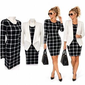 Felicity & Coco Sweater Dress Womens Small Blazer Plaid Black Work Office Church
